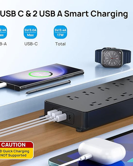TROND Power Strip Surge Protector, Flat Plug 15ft Long Extension Cord, 10 Widely Spaced AC Outlets, 2 USB A & 2 USB C Ports, 4000J, ETL Listed, Wall Mountable, for Home Office Entertainment, Black