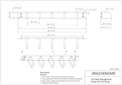 Jingchengmei 19-Inch 1U Metal Horizontal Rackmount Cable Manager with 5 D-Rings (1UCM5R440, Black)