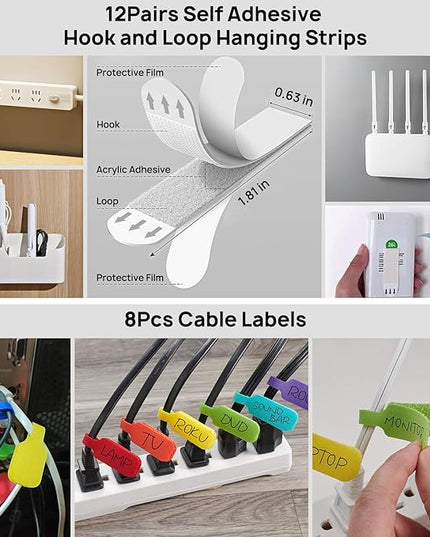 193 PCS Cable Management Kit - 4 Cable Sleeve, 57 Self Adhesive Cable Clips, 12 Hanging Strips, 12 Cable Organizer Straps and 100 Fastening Cable Ties for TV Computer Under Desk (White)