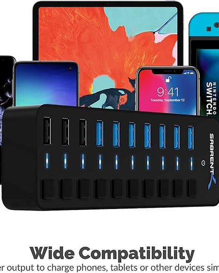 SABRENT 10-Port USB 3.0 Hub, Individual Power Switches and LEDs, 3 Smart Charging Ports, 60W Power Adapter, for PC, Mac, Xbox, PS5, Laptop, Desktop, USB Devices (HB-B7C3)