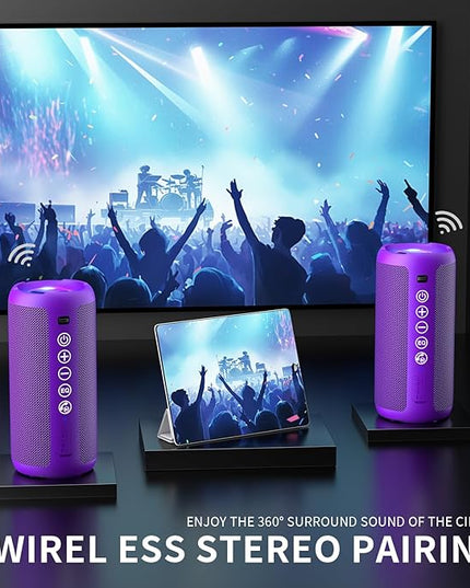 Ortizan Portable Bluetooth Speaker: IPX7 Waterproof, 24W Loud Sound, Deep Bass, Bluetooth 5.3, LED Lights, Wireless Stereo Pairing, 30H Playtime, for Home/Outdoor/Party/Beach, Birthday Gift (Purple)