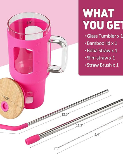 Glass Tumbler with Straw and Lid, 40 oz glass cup with handle, Glass Water Bottles with Time Marker, Silicone Protective Sleeve-Rose Red
