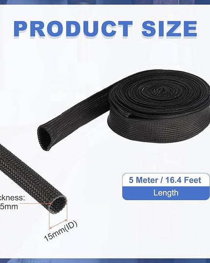 uxcell Insulation Cable Protector,15mm/0.59 Inch-5m/16 Feet High Temp Fiberglass Sleeve Black
