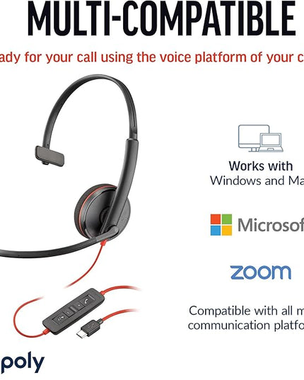 Poly Blackwire 3210 Wired Headset, Noise-Canceling Mic, Single-Ear Design, Connect to PC/Mac via USB-C or USB-A, Works with Teams & Zoom, Amazon Exclusive (9P7X7AA)