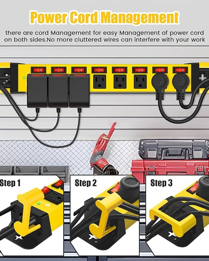 Heavy Duty Power Strip with Individual Switches,8 Outlets 14 Gauge Industrial Shop Garage Metal Multiple Outlets,1200J Surge Protector Mountable Power Strip,10FT Extension Cord Management(Yellow)