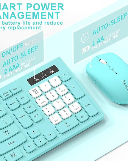Wireless Keyboard and Mouse Combo, Full-Sized Quiet Wireless Keyboard and Adjustable DPI Mouse, 2.4GHz USB Receiver, Keyboard and Mouse for PC, Windows, Desktop, Laptop (Tiffany Blue and White-B)