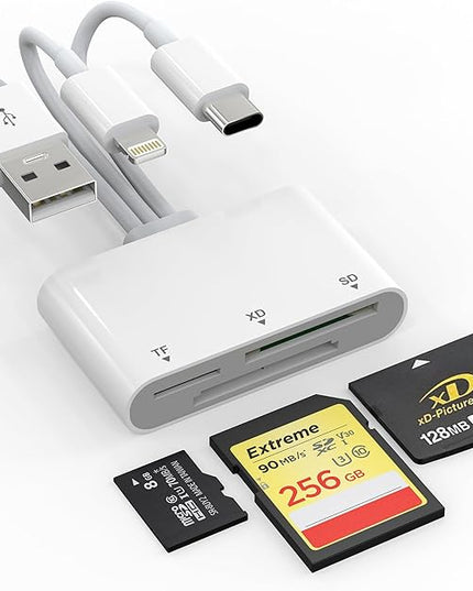 XD Card Reader, SD Card Reader for iPhone, 3 in 1 SD/TF/XD Card Reader Adapter for iPhone/USB C Device, Lightning+USB A+USB C XD Picture Card Adapter for iPhone 16/15/14/iPad/PC/Android