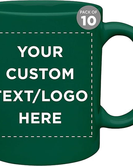 Custom Ceramic Coffee Mugs 11 oz. Set of 10, Personalized Bulk Pack - Coffee cup set, Iced coffee cup, Gaming mug - Green