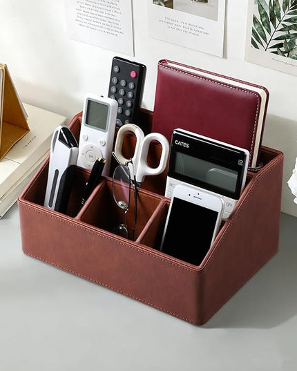 Cretkhp Remote Control Holder with 5 Compartments for Office Art Supplies, PU Leather Nightstand Organizer Pencil Pen Desk Caddy for Home, Desktop TV Remote Control Organizer Storage (Brown)