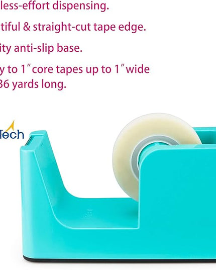 ABEL SimpleWork Desktop Tape Dispenser, Aqua, 1 in Core, Non-Skid Weighted Base, Tape Cutter for Office, Home, School, and Crafts