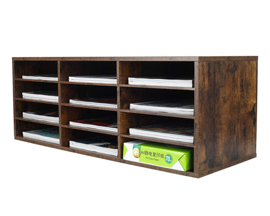 PAG-Mass Mail Sorter Organizer, Wood Countertop Literature Organizer, Student Mailbox for Classroom, Desktop Bill Paper Organizer for Office Home School, 12 Compartments, Antique Brown