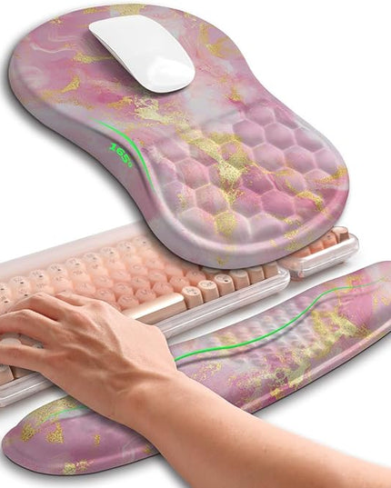 Hokafenle 2in1 Combination, Wave Keyboard Wrist Rest and Ergonomic Curvature Mouse Pad Wrist Support for Relieve Wrist Pain, Filled with Soft Cushion Memory Foam, Golden Pink Marble
