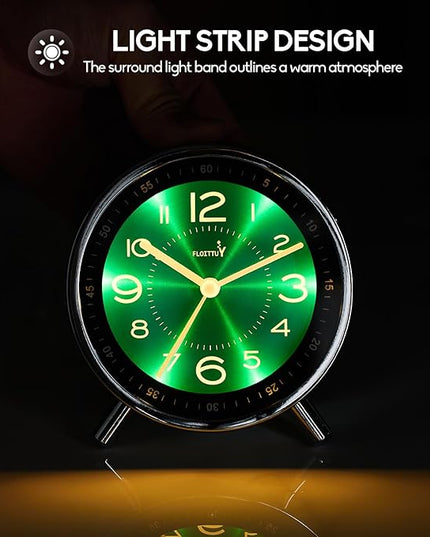 FLOITTUY Super Silent Metal Alarm Clock,Beep Wake Round Alarm Clock with Strip Night Light,Battery Operated,Easy Set,Simple & Retro for Desk, Bedroom and Home Decoration(Emerald Green)