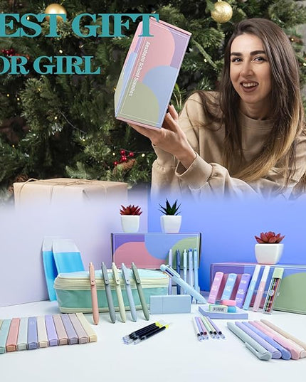 54pcs Aesthetic School Supplies Cute Stationary Set with Pencil Case 12 Highlighters, 5 Black & 6 Color Ink Gel Pens, 6-in-1 Ballpoint Pen,5 Mechanical Pencils 0.5-2.0mm for College Essentials (Blue)