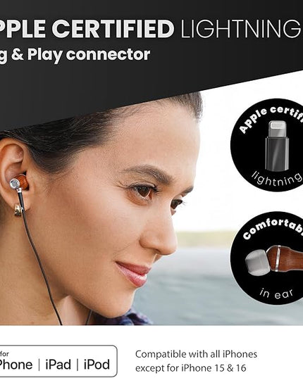 Symphonized iPhone Earphones Wired Deep Bass Sound, 3D Sound, Microphone Volume Control, 90% Noise Cancelling, Bubinga Wooden with Lightning (Apple MFI Certified), iPhone SE to 14 Earbuds (Black)