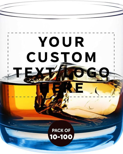 DISCOUNT PROMOS Custom Whiskey Glasses 10 oz Set of 10/50/100, Personalized Bulk Pack - Heavy Base Old Fashioned Glass, Perfect for Scotch, Bourbon, Whiskey, Cocktail - Blue Bottom Color