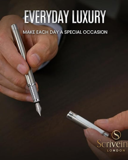 Scriveiner Stainless Steel Fountain Pen - Stunning Luxury Pen with Steel Finish, Schmidt Steel Nib (Fine), Best Pen Gift Set for Men & Women, Professional, Executive Office, Nice Designer Pens