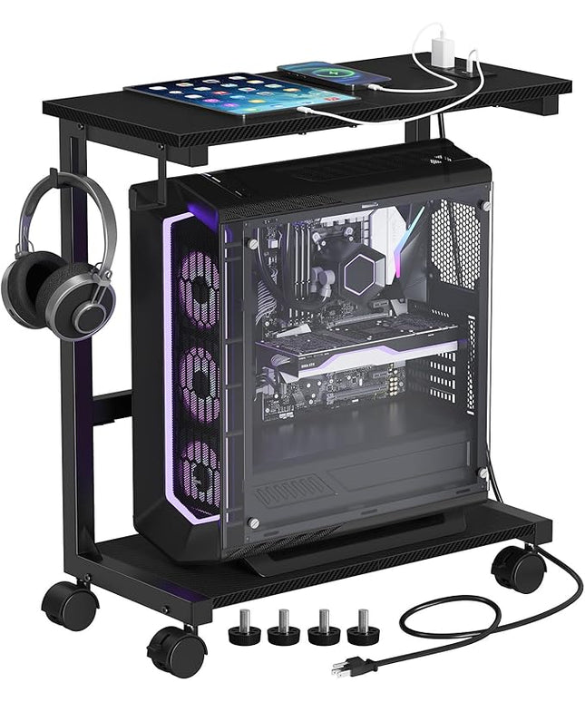 Snughome Computer Tower Stand with Charge Station, 25.0"-32.1" Height Ajustable PC Tower Stand for Floor, Mobile CPU Holder Cart for Carpet with Hooks, PC Cart for Gaming Office Home