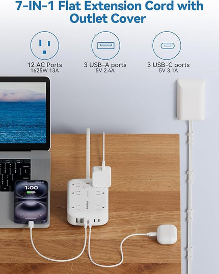 25FT Extension Cord with Outlet Cover & Multi USB, Ultra Thin Outlet Concealer with Cord & 12AC Outlet 6 USB (24W/4.8A), Charging Station for Multiple Devices, for Behind Wall Furniture Couch TV