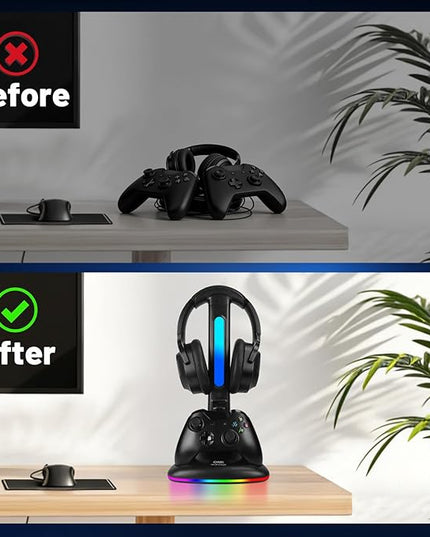 Controller Charger with RGB Headphone Stand for Xbox Series X/S/One,/One S/X, XSX Controller Charger Station, Headset and Controllers Stand Holder for Xbox, Gaming Gifts for Gamers Men