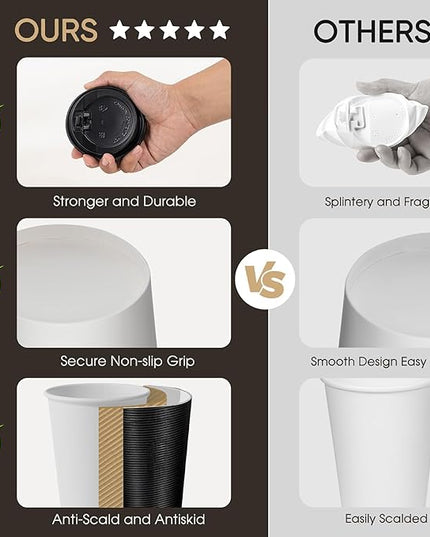 Coolcap 100 Pack 16 oz Disposable Coffee Cups with Lids and Straws, Insulated Ripple Wall To Go Paper Corrugated Cups, Bulk for Hot/Cold Drinks, Cafe Bar, Office, Chocolate, Cocoa (Black)