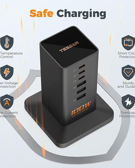 USB C Charger Blcok PD 100W, TESSAN 6-in-1 Charging Station for Multiple Devices, Desktop Tower Charger with 6 USB Ports for iPhone 17/16/15, MacBook, Tablet, Office Home Dorm Room Accessories