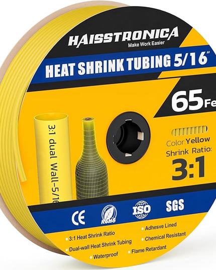 haisstronica 3:1 Heat Shrink Tubing, Shrink Ratio Adhesive Lined Marine Grade Heat Shrink Tube for Home, Automotive and Industrial (Yellow) 65FT 5/16inch