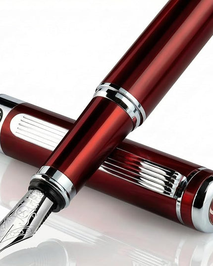 Scriveiner Deep Crimson Red Fountain Pen - Stunning Luxury Pen with Chrome Finish, Schmidt Nib (Fine), Best Pen Gift Set for Men & Women, Professional, Executive, Office, Nice Pens