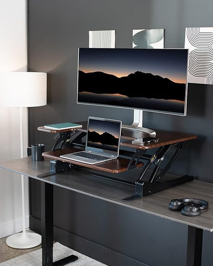 VIVO 36 inch Height Adjustable Stand Up Desk Converter, V Series, Quick Sit to Stand Tabletop Dual Monitor Riser Workstation, Dark Walnut Top, Black Frame, DESK-V000VD