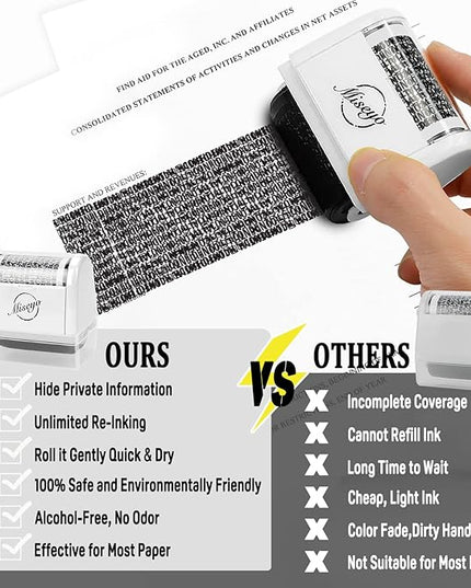 Miseyo Wide Identity Theft Protection Roller Stamp Set - White (3 Refill Ink Included)