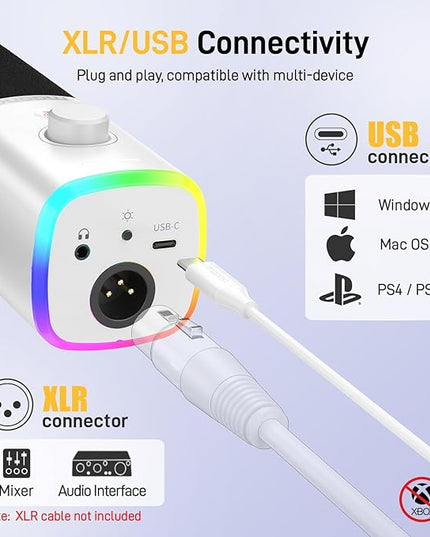 MAONO XLR/USB Gaming Microphone Kit: Dynamic PC Mic for Streaming Podcasting, Software Support, Mute Button, Gain Control, RGB Computer Mic with Boom Arm Stand, for Recording, PS4/PS5, PD100XS White