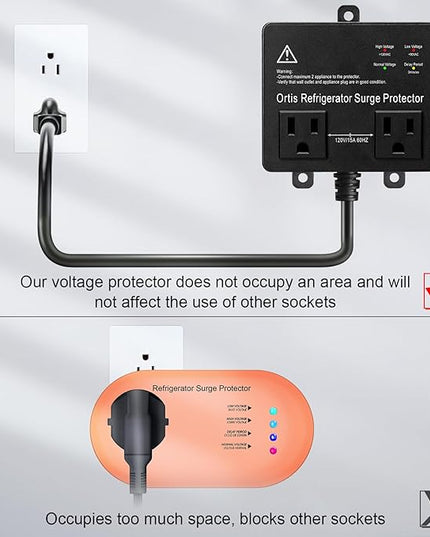 Refrigerator Surge Protector, Ortis Double Outlet Voltage Protector for Home Appliances TV Washer with Time Delay, Protects Against Brownout, Spike, Instant Surge All Voltage Abnormalities