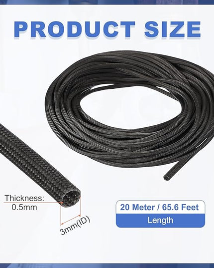 uxcell Insulation Cable Protector,3mm/0.12 Inch-20m/66 Feet High Temp Fiberglass Sleeve Black