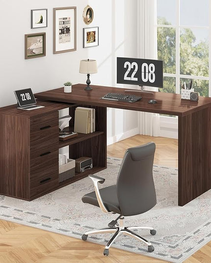 HSH 360 Rotating L Shaped Desk with Drawers, Walnut L Shape Computer Desk with Storage Cabinet Shelves, Rustic Home Office Desk for Executive Writing Study Work, Swivel Desk Wood Table, 55 Inch