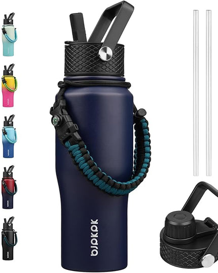 BJPKPK Insulated Water Bottles with Straw Lid, 23oz Metal Water Bottle with 2 lids & Paracord Strap, Double Wall Stainless Steel Vacuum Tumblers, Cups, Mugs, Thermo for Hot& Cold Drinks, Navy Blue