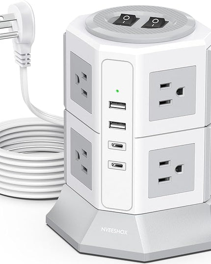 Tower Surge Protector Power Strip Flat Plugs with 8 Outlets 4 USB Ports (2 Type C), 6.5 FT Flat Extension Cord with Multiple Outlets, Charging Station with Surge Protection for Home Office Dorm
