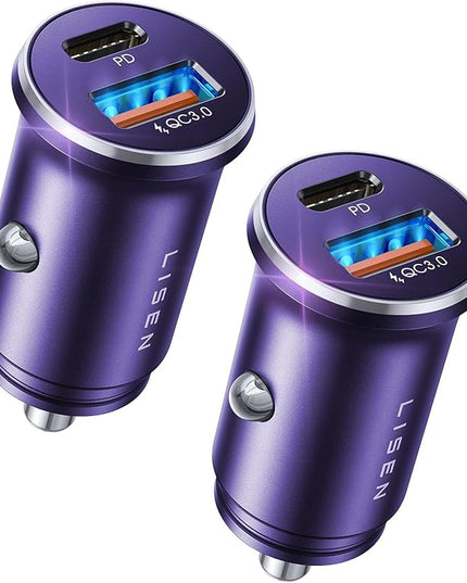 LISEN USB C Car Charger Adapter [2 Pack] [Mini & Metal] Cigarette Lighter USB Charger Fast Charging [PD QC 3.0] USBC Car Phone Charger for iPhone 15 Pro Max Plus 14 Samsung Galaxy S23 iPad Pro, Purple