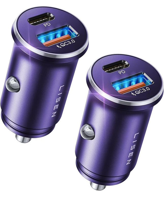 LISEN USB C Car Charger Adapter [2 Pack] [Mini & Metal] Cigarette Lighter USB Charger Fast Charging [PD QC 3.0] USBC Car Phone Charger for iPhone 15 Pro Max Plus 14 Samsung Galaxy S23 iPad Pro, Purple
