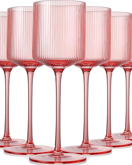 Pink Square Wine Glasses Set of 6, Elegant Ribbed Design Colored Crystal Glassware with Long Stem, 11.5oz Hand Blown Stemware For Red & White Wine Home Bar Party