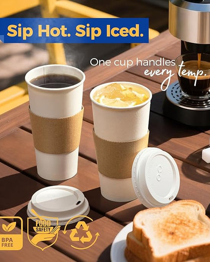 Fit Meal Prep 250 Pack 24 oz Disposable Coffee Cups with Lids, Sleeves, Leak-Proof To Go Coffee Cups with Lids, Durable Hot Paper Cups for Home, Office, Party, Business