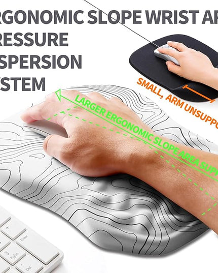 Ergonomic Slope Mouse Pad Wrist Support, Wrist Rest Mousepad for Carpal Tunnel Pain Relief with Massage Bulge and Slow Rebound Memory Foam (12x8 inch, White Contour Lines)