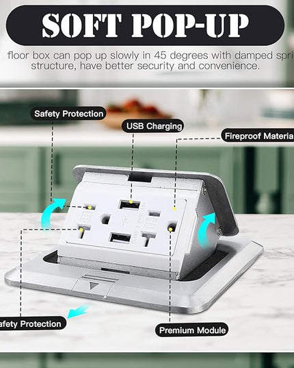 Hoolerry 8 Pack Pop up Floor Electrical Outlet Cover Box Kit with 4.8A USB Charger 20Amp Waterproof Weatherproof Floor Tamper Resistant Outlet Receptacle for Countertop Home (Silver)