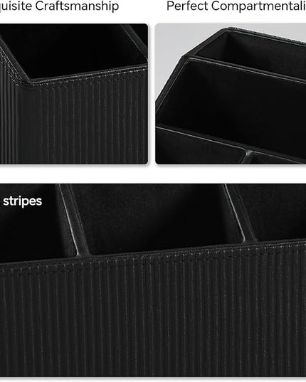 Cretkhp Remote Control Holder with 5 Compartments for Office Art Supplies, PU Leather Nightstand Organizer Pencil Pen Desk Caddy for Home, Desktop TV Remote Control Organizer Storage (Striped Black)
