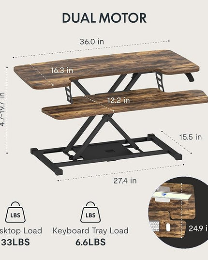 FLXISPOT 36" Standing Desk Converter, Quick Sit Stand up Desktop Riser Height Adjustable Monitor and Laptop Workstation with Keyboard Tray, Rustic Color