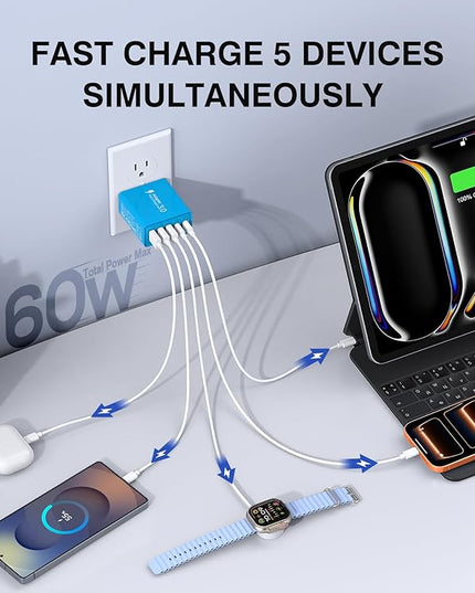 [2-Pack] USB C Wall Charger, 60W USB C Charger Block 5-Port PD Fast Charging Blocks,2USB C+3USB A Multiport Plug,Type C Power Adapter Brick Cube for iPhone17/16/15/14/Pro,iPad,Samsung,for Switch（Blue）