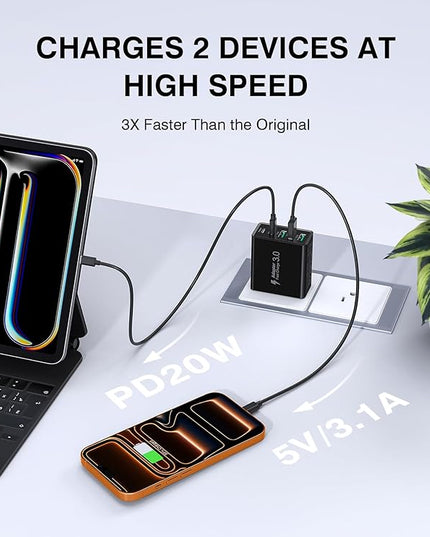 [2-Pack] USB C Wall Charger, 60W USB C Charger Block 5-Port PD Fast Charging Blocks,2USB C+3USB A Multiport Plug,Type C Power Adapter Brick Cube for iPhone 17/16/15/14/13/Pro,Samsung,for Switch（Black）