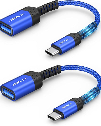 JSAUX USB C to USB Adapter [2 Pack], Type C 3.0 OTG Cable On The Go Type C Male to USB A Female Adapter Compatible with MacBook, iPhone 16 Pro Max/16 Plus/16e/15, Samsung Galaxy S25/S24/S23-Blue
