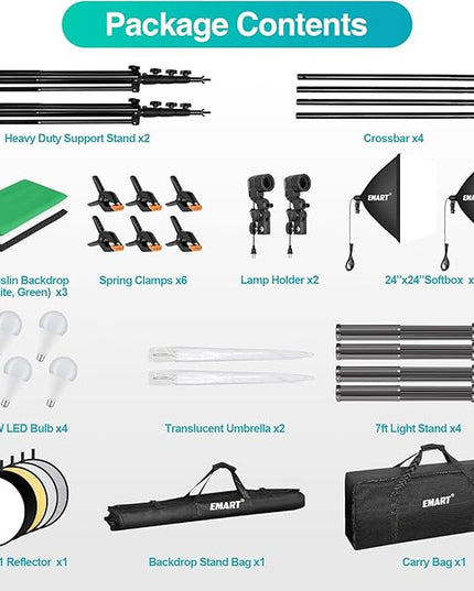 EMART 10 x 10 ft Heavy Duty Backdrop Support System, Professional Photography Lighting Kit with 5500K 50W LED, 10 * 15ft Backdrop *3, Reflector, Umbrellas&Softbox Lighting Kit for Studio, Portrait
