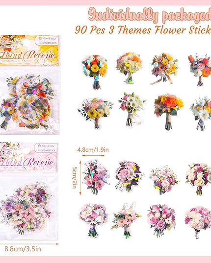 90 Pieces Natural Scrapbooking Stickers, Self-Adhesive Bouquet Stickers for Scrapbooking Supplies Journal for DIY Craft, Planners, Journal, Notebook Card