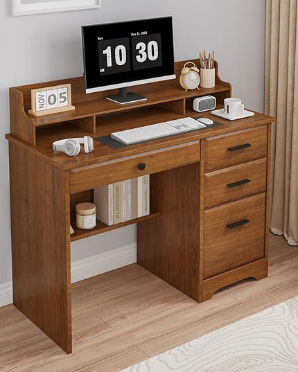 4 EVER WINNER Computer Desk with Drawers for Small Spaces, Wood Desk with File Cabinet & Monitor Stand, Office Desks Writing Study Table for Bedroom, Brown